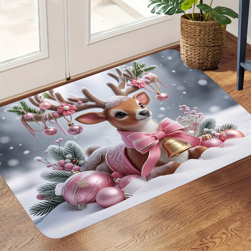 Home Bathroom Scene - Pink Christmas Reindeer Flannel Doormat Bow