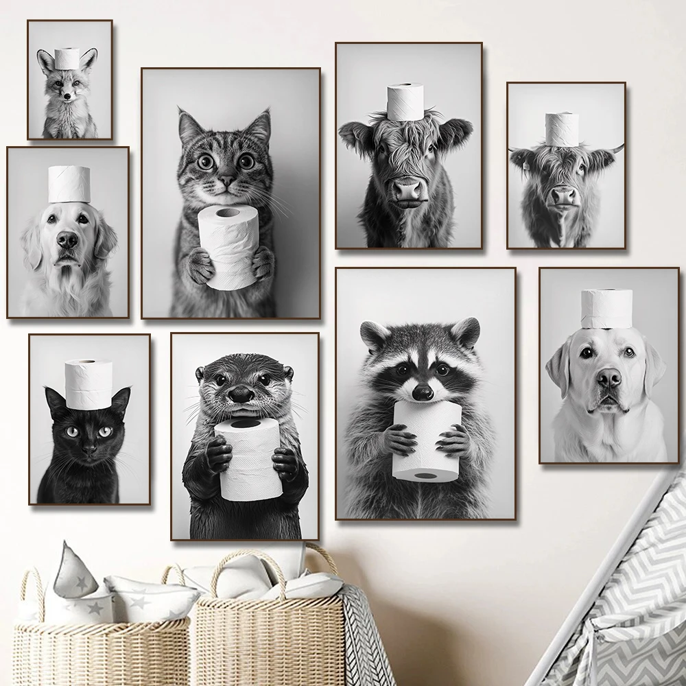 Home Bathroom Pictures - Highland Cow Otter Cat Raccoon with