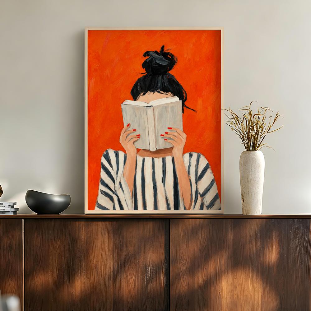 Home Bathroom Scene - Orange Cozy Women Reading Coffee Flowers