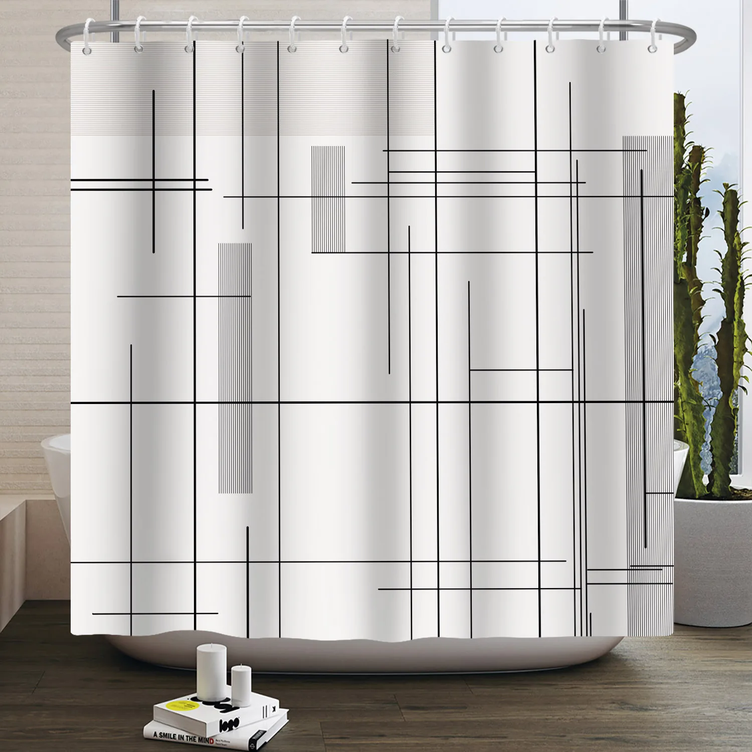 Home Bathroom Partition - Simple Line Pattern Shower Curtain for