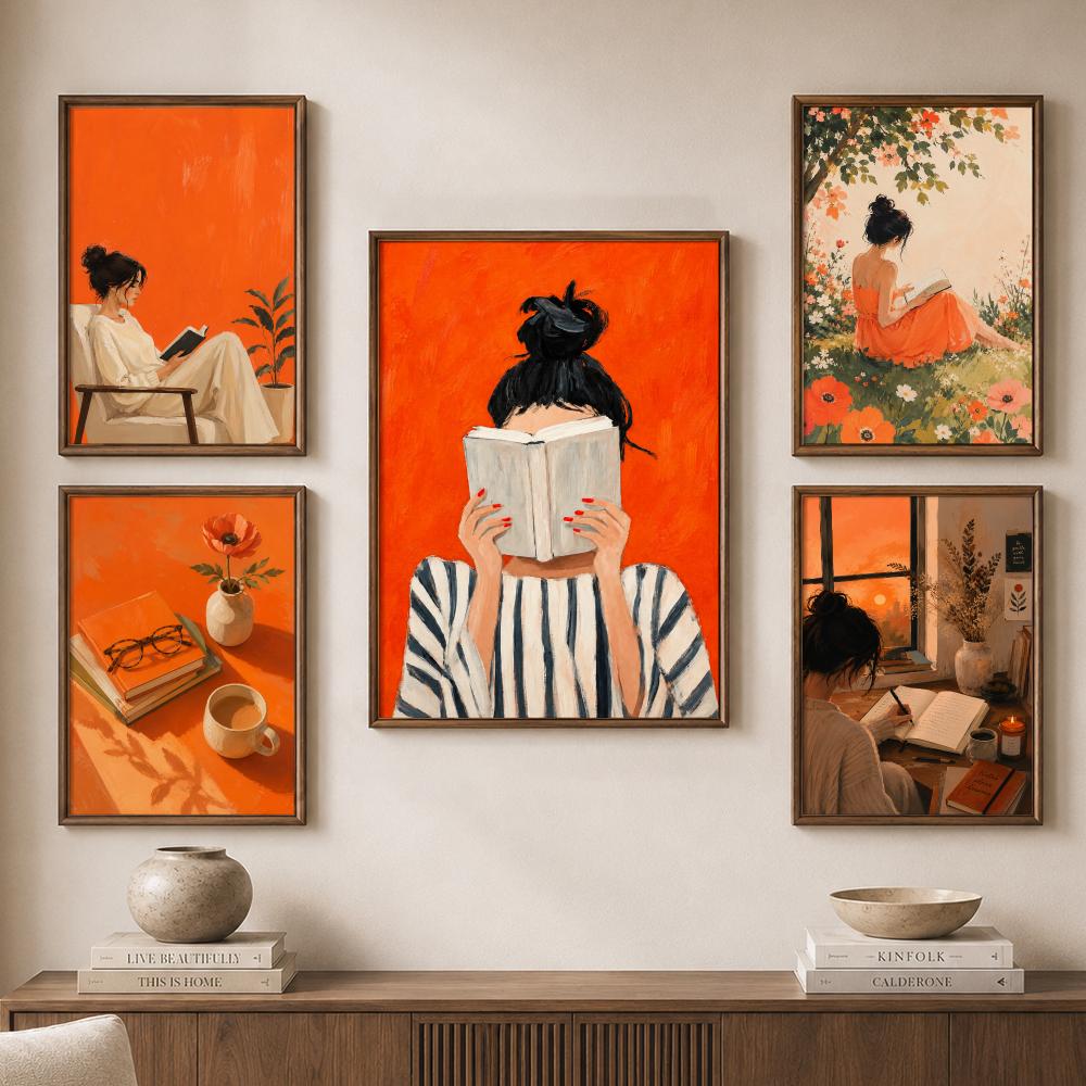 Orange Cozy Women Reading Coff - Home Bathroom Scene ulasan dan harga