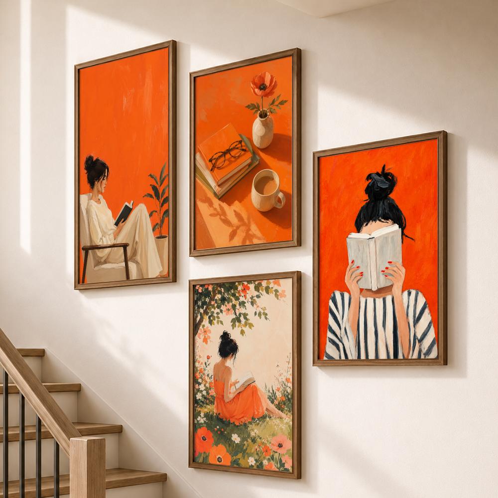 Orange Cozy Women Reading Coff - Home Bathroom Scene ulasan dan harga