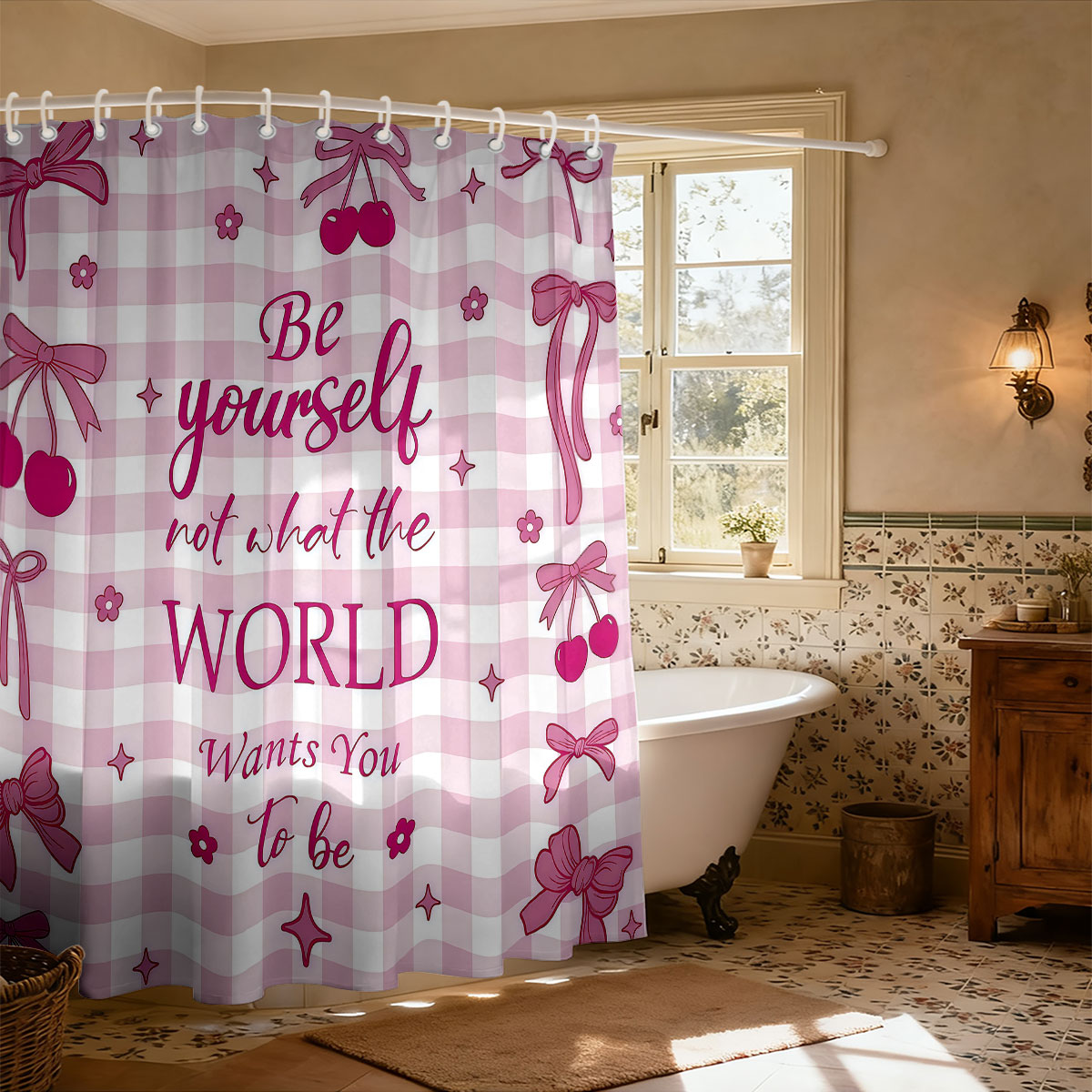 1pc Pink Bow Printed Shower Cu - Home Bathroom Partition ulasan dan harga
