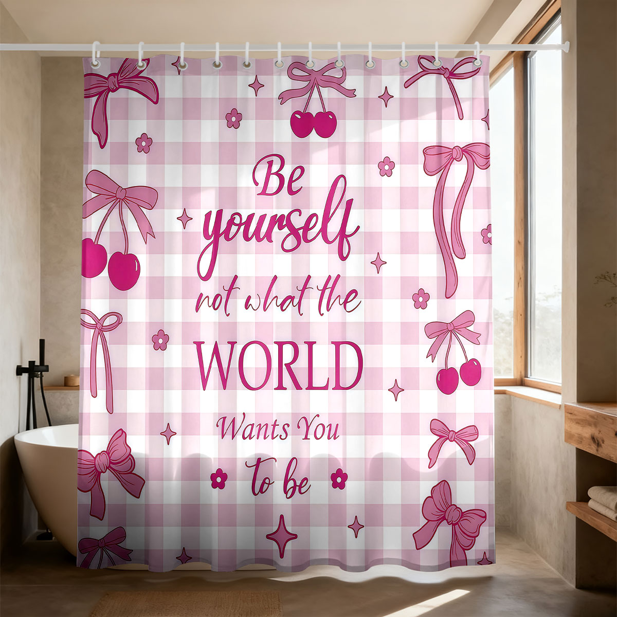1pc Pink Bow Printed Shower Cu - Home Bathroom Partition ulasan dan harga