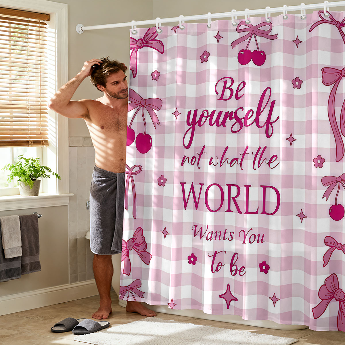1pc Pink Bow Printed Shower Cu - Home Bathroom Partition ulasan dan harga