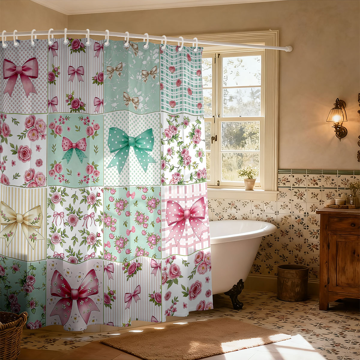 1pc Pink Bow Printed Shower Cu - Home Bathroom Partition ulasan dan harga